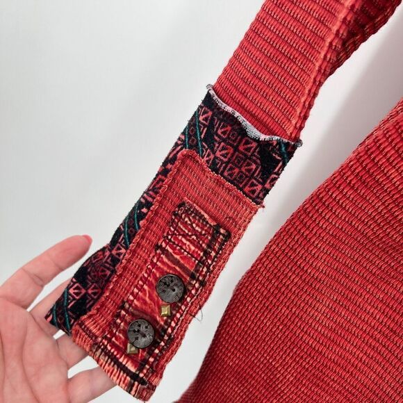 Soft Surroundings Women's Waffle Knit Patchwork Thermal Cuff Top Red XS Boho - Picture 9 of 13